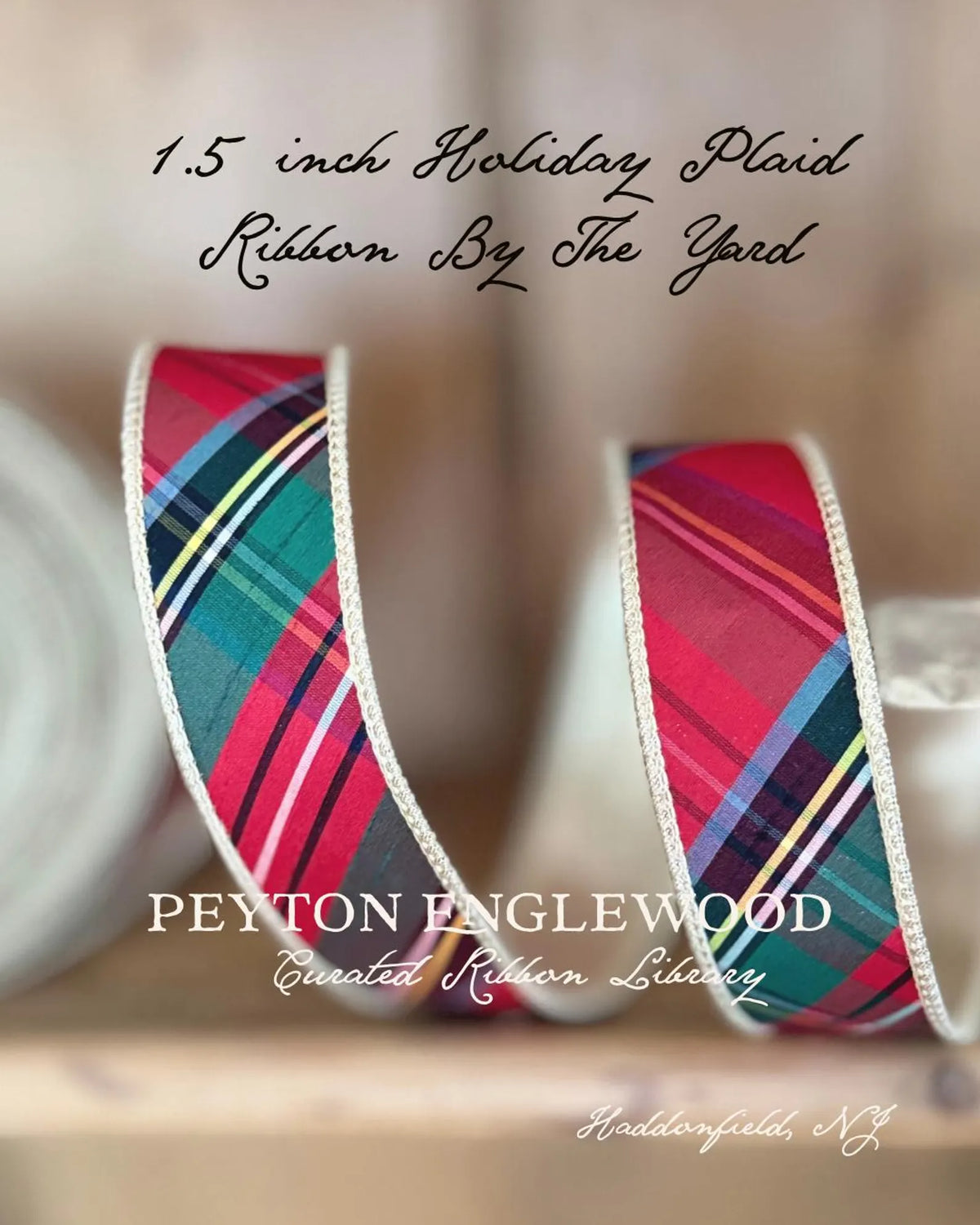 Close up of 1 yard of 1.5 Inch Holiday Red Tartan Plaid Ribbon with Gold Trim