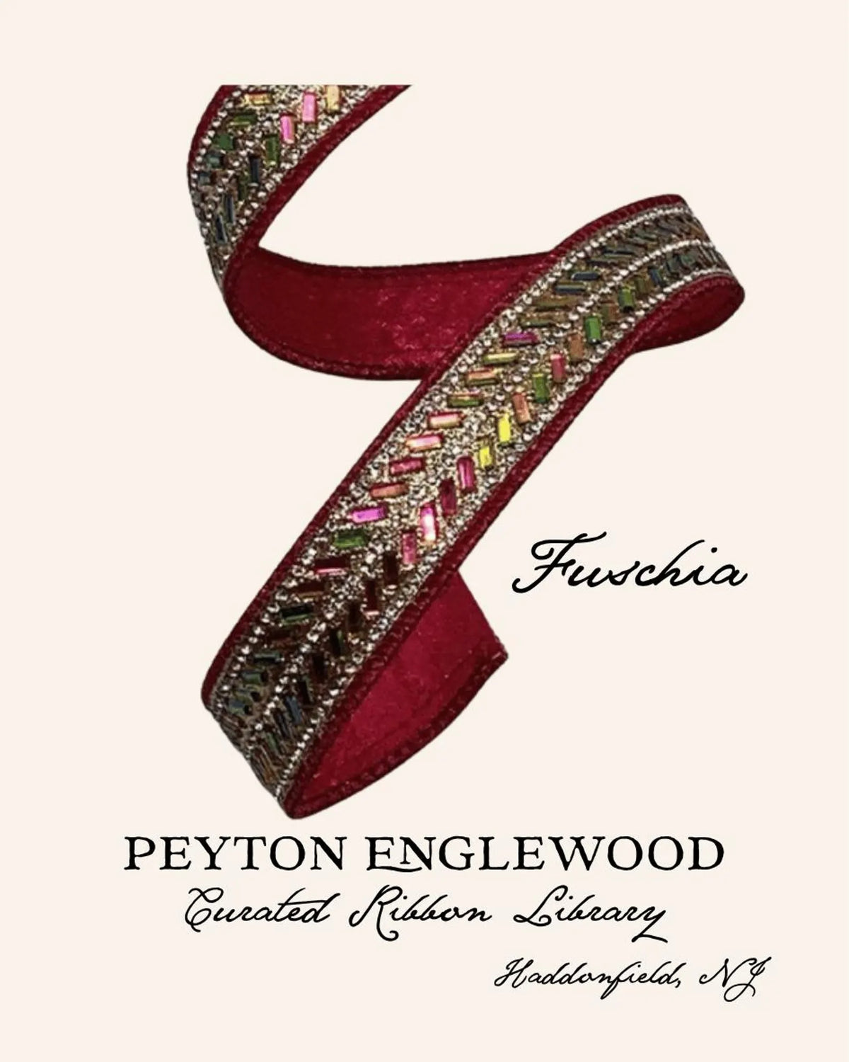 A ribbon library book cover for 'Fruschia' by Peyton Englewood, featuring a deep burgundy ribbon embellished with colorful rhinestones and gold trim, set against a light cream background. D Stevens Fuchsia wired ribbon.