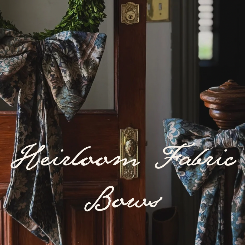 Custom handsewn bows in woodland fabric. Hung on historic front door with brass hardware and old bannister in Victorian home in Haddonfield New Jersey.