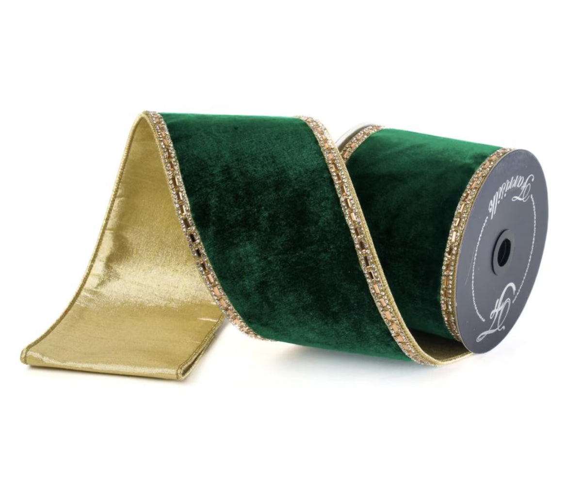 Farrisilk 4inch Emerald Velvet Ribbon | Gold Reverse, Jeweled Border (4" x 5yd roll)