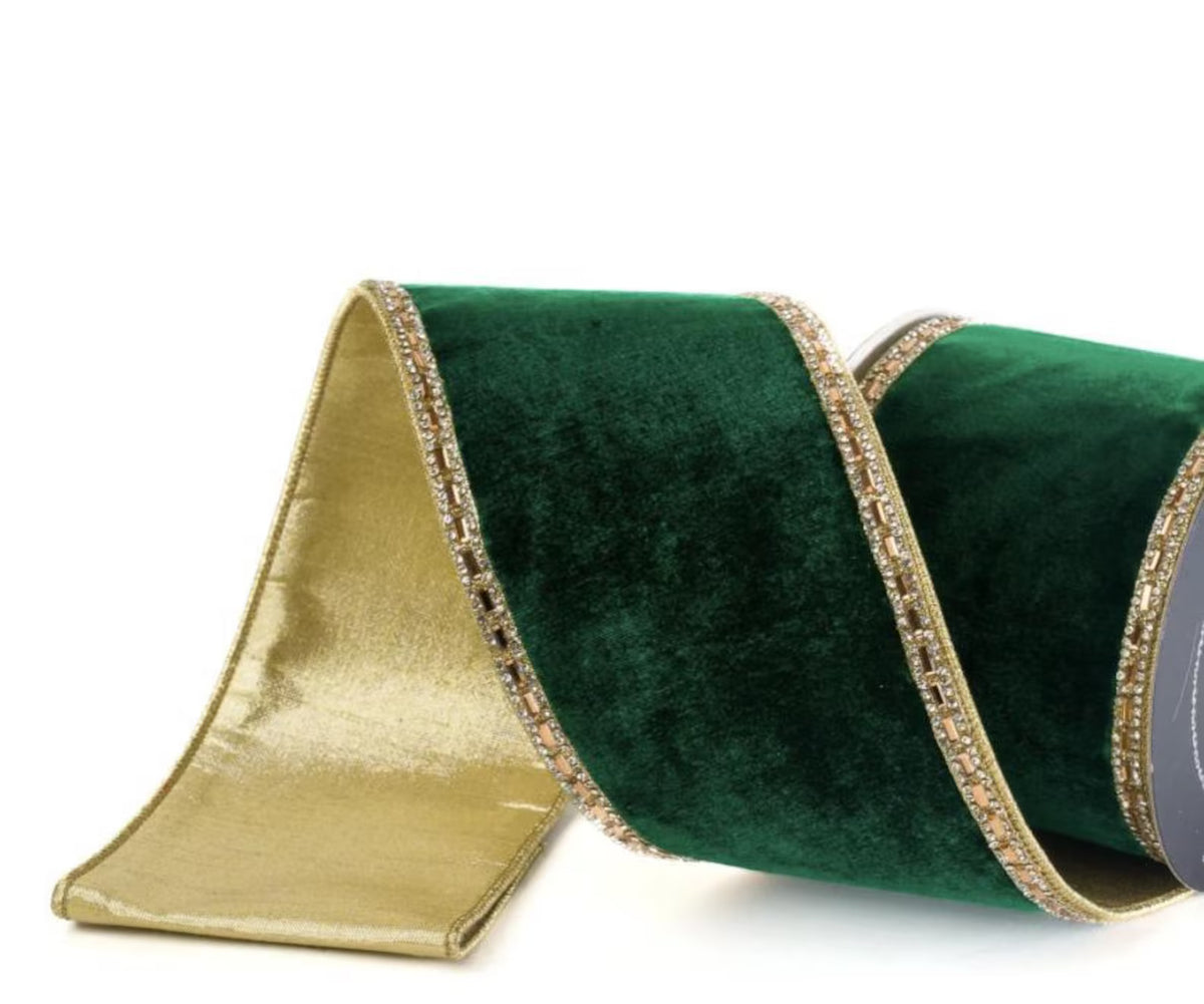 Farrisilk 4inch Emerald Velvet Ribbon | Gold Reverse, Jeweled Border (4" x 5yd roll)