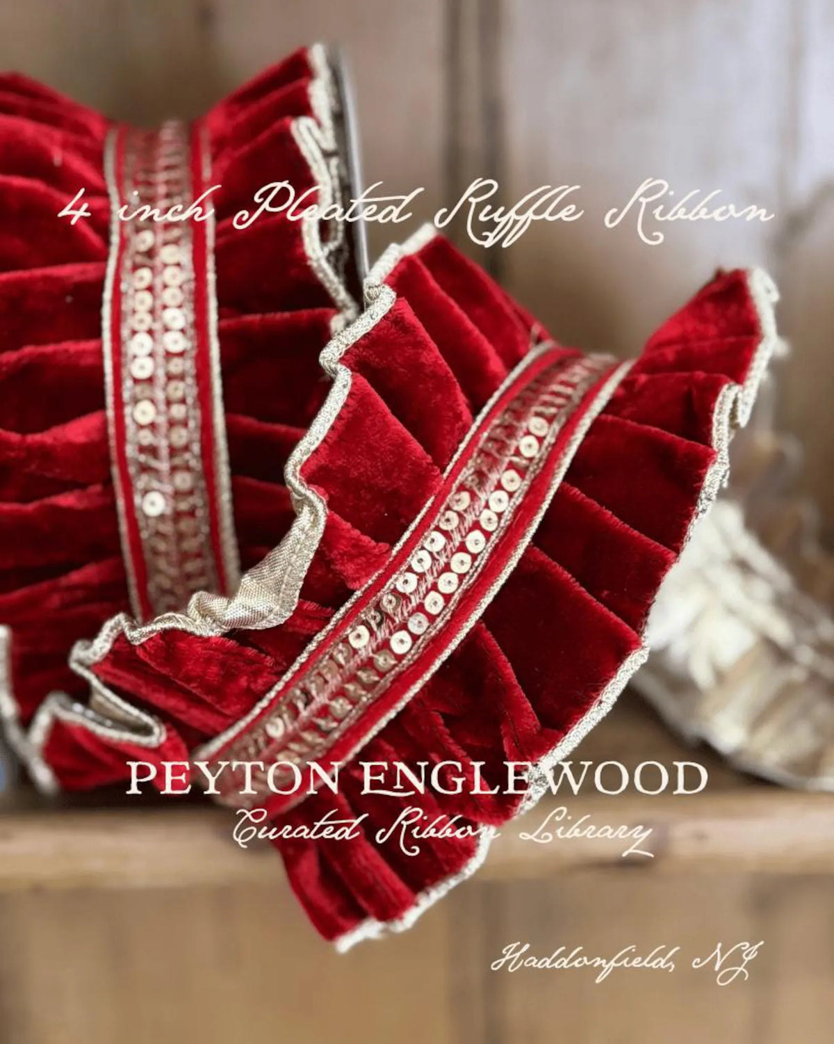 4 Inch Ruby Red Velvet Pleated Ruffle Ribbon | Gold Sequin Trim (5 Yard Roll)