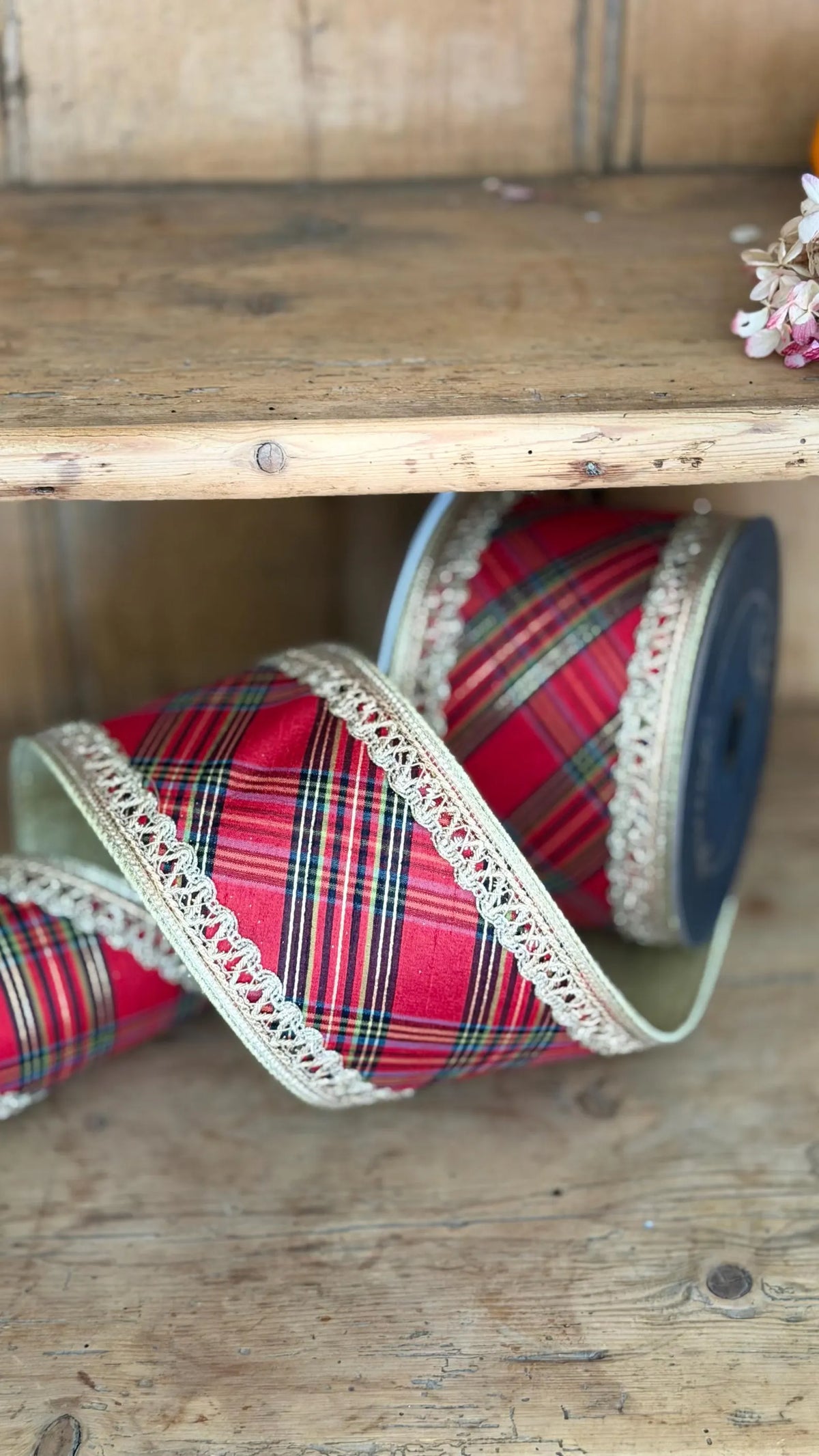 Farrisilk Regal Plaid 4inch Wired Ribbon | Red Tartan Christmas | Ornate Gold Trim | 10 yard roll