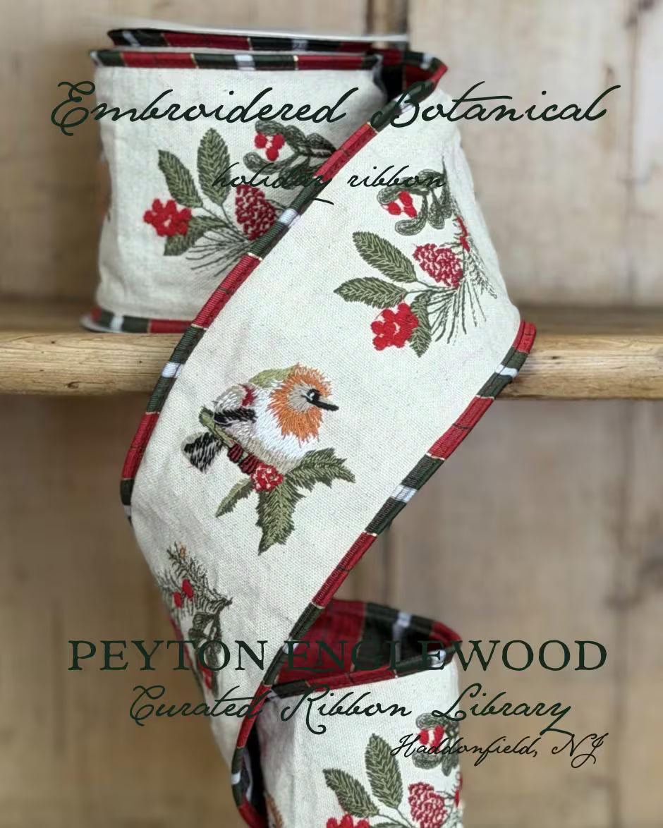 Winter Bird, Embroidered Botanical Holly Cotton Ribbon | Plaid Tartan Trim & Reverse | 4in 5 Yard Roll