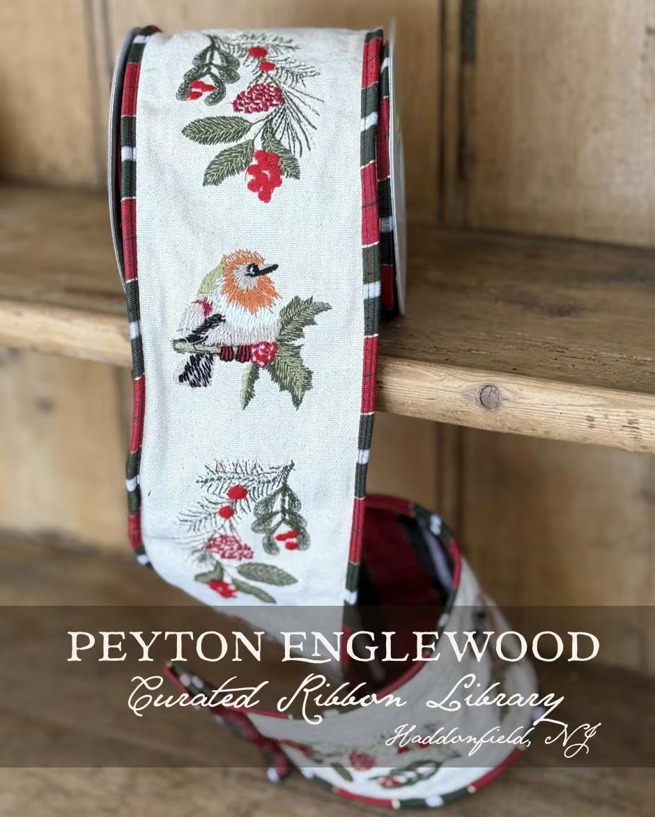 Winter Bird, Embroidered Botanical Holly Cotton Ribbon | Plaid Tartan Trim & Reverse | 4in 5 Yard Roll