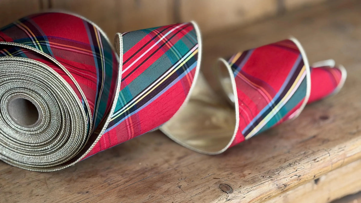 Classic Red Christmas Tartan Plaid Wired Ribbon | Metallic Gold Trim & Reverse