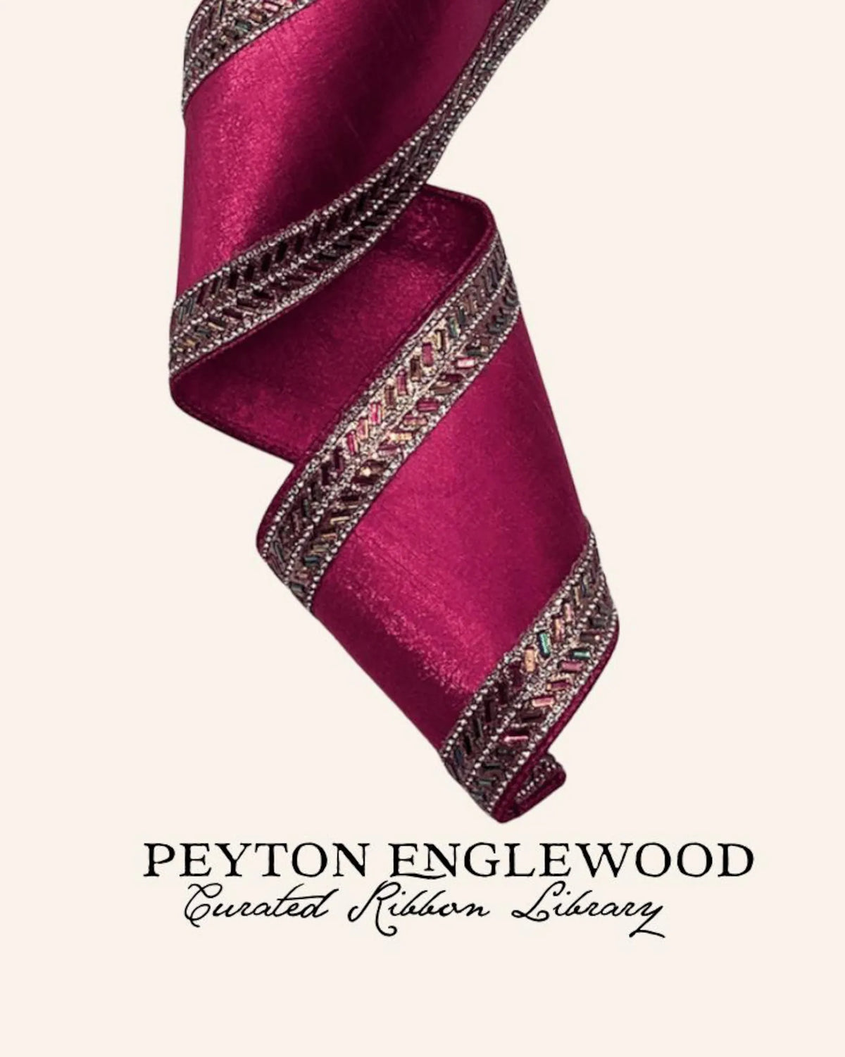 A close-up of a D Stevens faux dupion ribbon in deep magenta with metallic silver and gold woven borders, shown against a light cream background with the text 'PEYTON ENGLEWOOD Curated Ribbon Library' below.