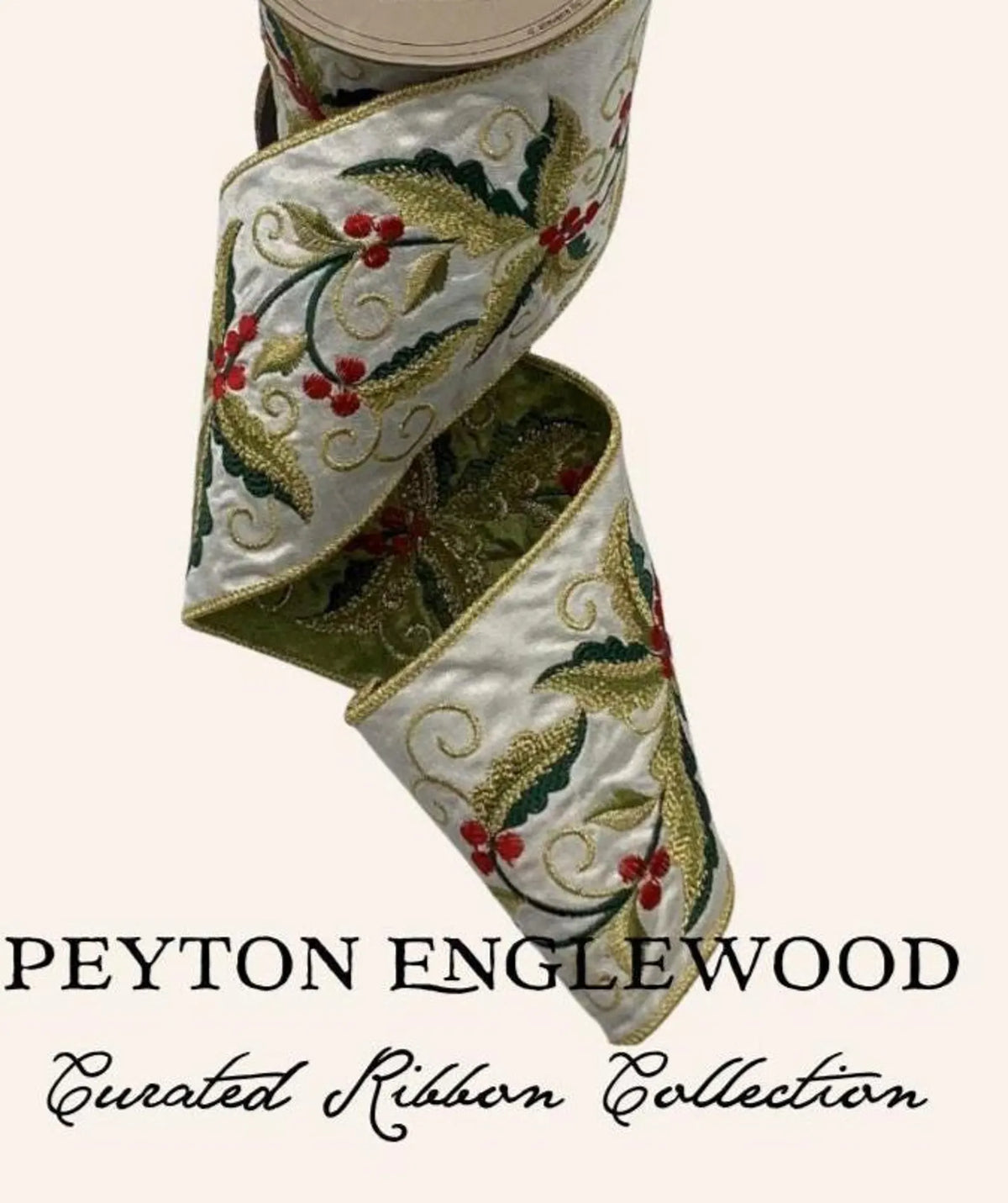 D Stevens Embroidered Holly Berry Ribbon | 4 Inch Satin Christmas Botanical Wired Ribbon | By The Yard