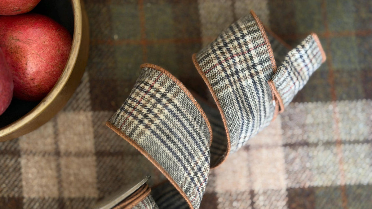 D Stevens Maddox Plaid | Brown Navy Cream Faux Wool | English Country Wired Christmas Ribbon | 2.5in  x 10 yards