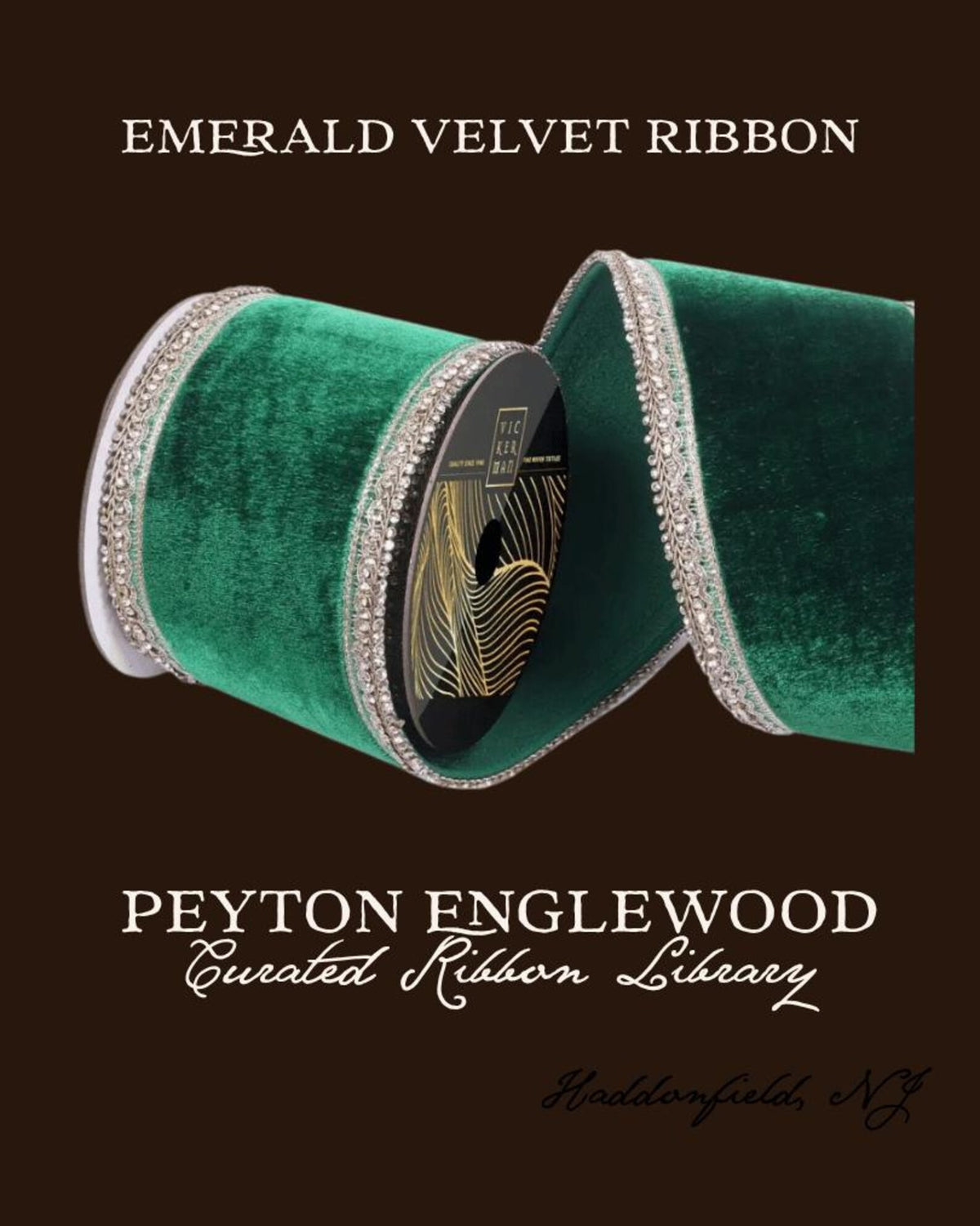 Emerald green velvet ribbon with a silver rhinestone border, shown on a dark brown background with text reading 'EMERALD VELVET RIBBON' and 'PEYTON ENGLEWOOD Curated Ribbon Library' and Haddonfield New Jersey.