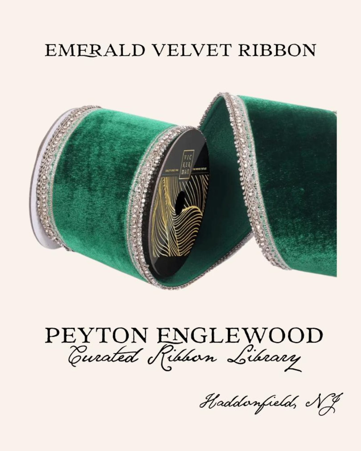 Emerald green velvet ribbon with a silver rhinestone-embellished edge, shown coiled on a light beige background with text reading 'EMERALD VELVET RIBBON' and 'PEYTON ENGLEWOOD Created Ribbon Library' Haddonfield New Jersey.