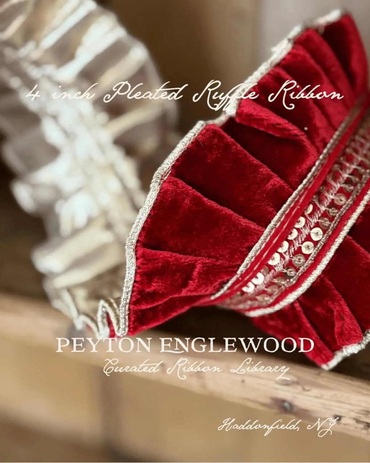 4 Inch Ruby Red Velvet Pleated Ruffle Ribbon | Gold Sequin Trim (5 Yard Roll)