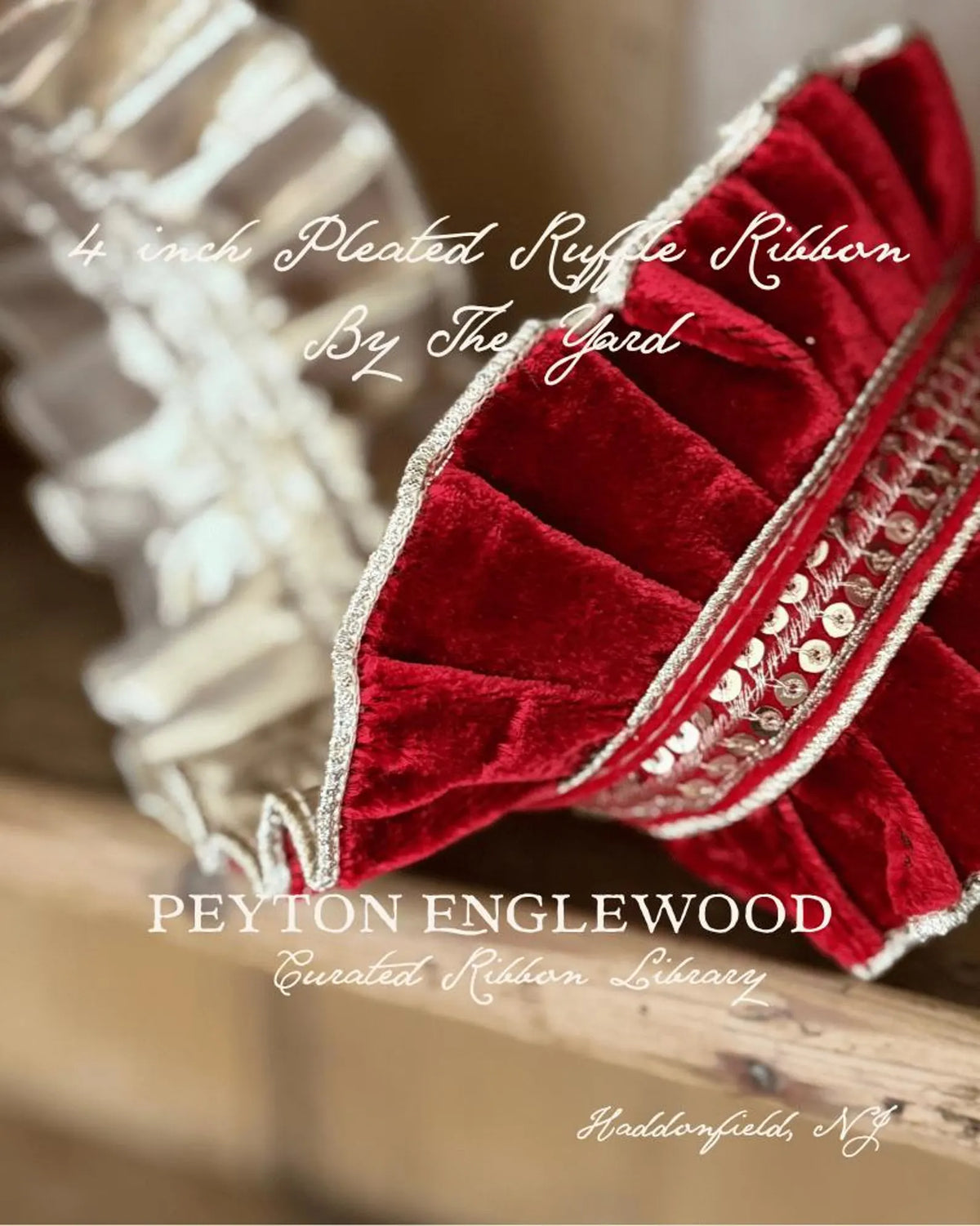 4 Inch Ruby Red, Wired Velvet, Pleated Ruffle Christmas Ribbon, Sold By The Yard