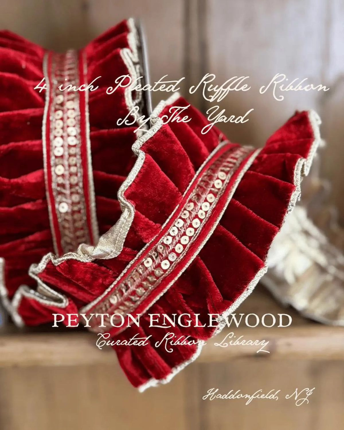 4 Inch Ruby Red, Wired Velvet, Pleated Ruffle Christmas Ribbon, Sold By The Yard