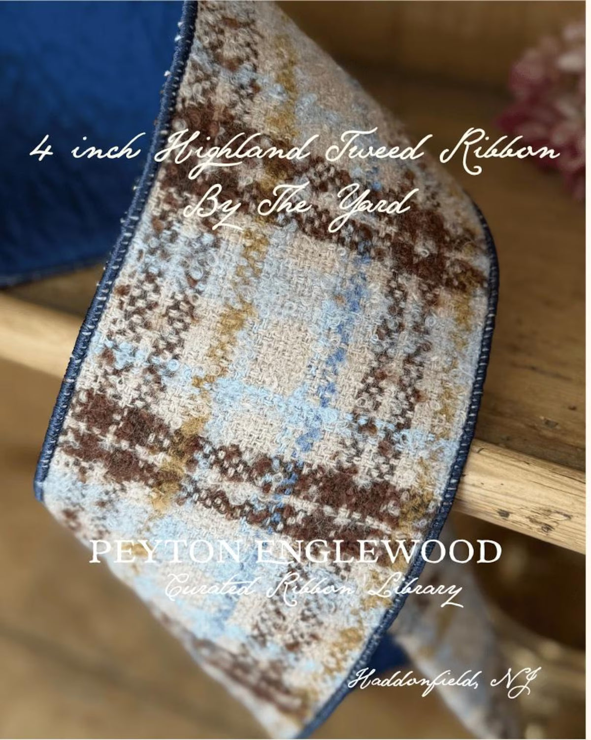 4 Inch Highland Tweed Ribbon | Brown Blue Plaid, Wired Edges, Sold By The Yard