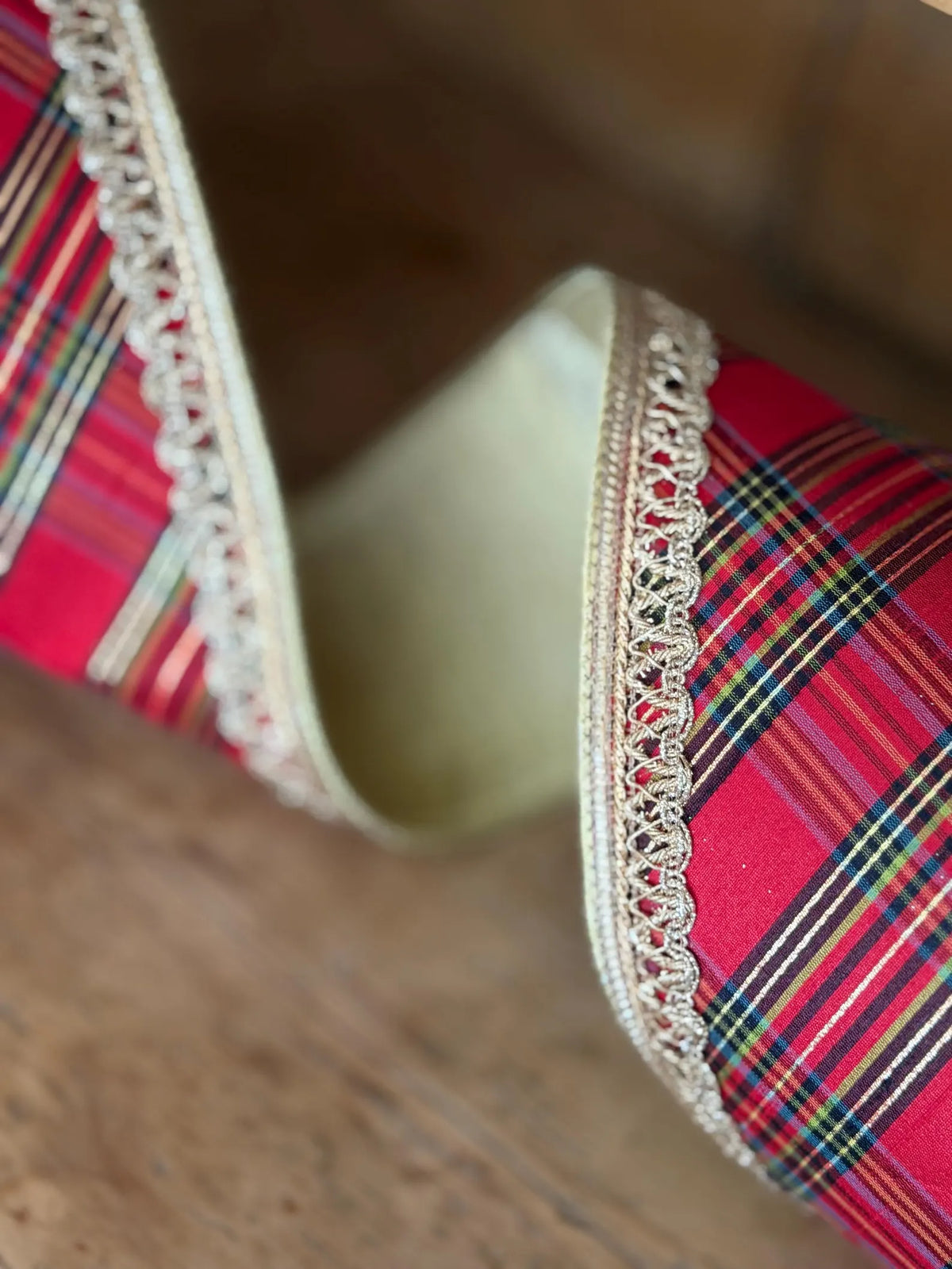 Farrisilk  Regal Plaid 4inch Wired Ribbon | Red Tartan Christmas | Ornate Gold Trim | 10 yard roll