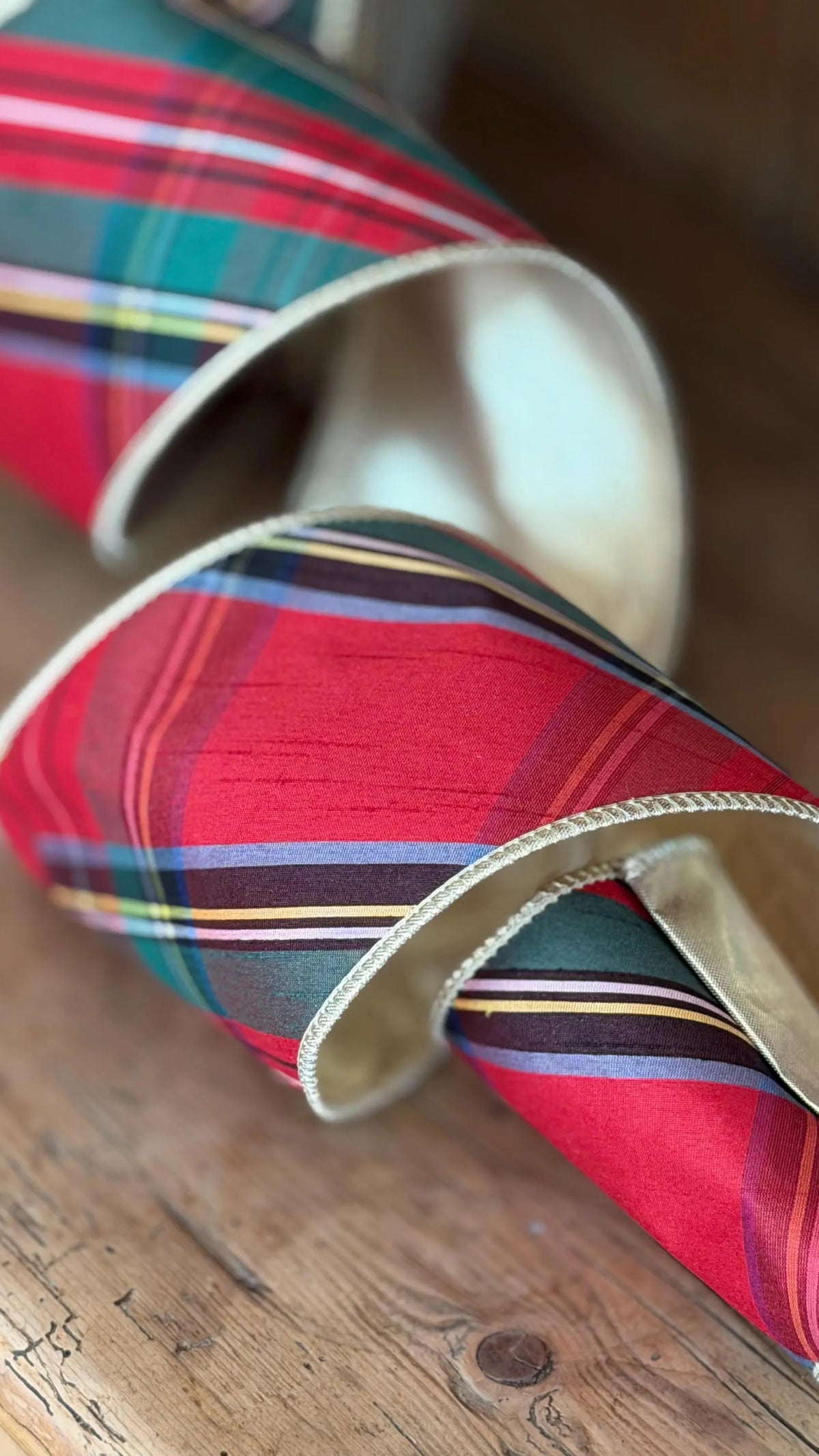 Classic Red Christmas Tartan Plaid Wired Ribbon | Metallic Gold Trim & Reverse