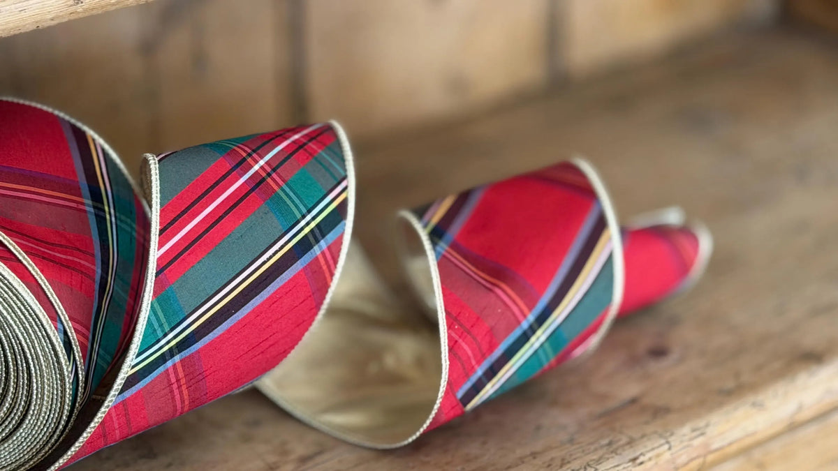 Classic Red Christmas Tartan Plaid Wired Ribbon | Metallic Gold Trim & Reverse