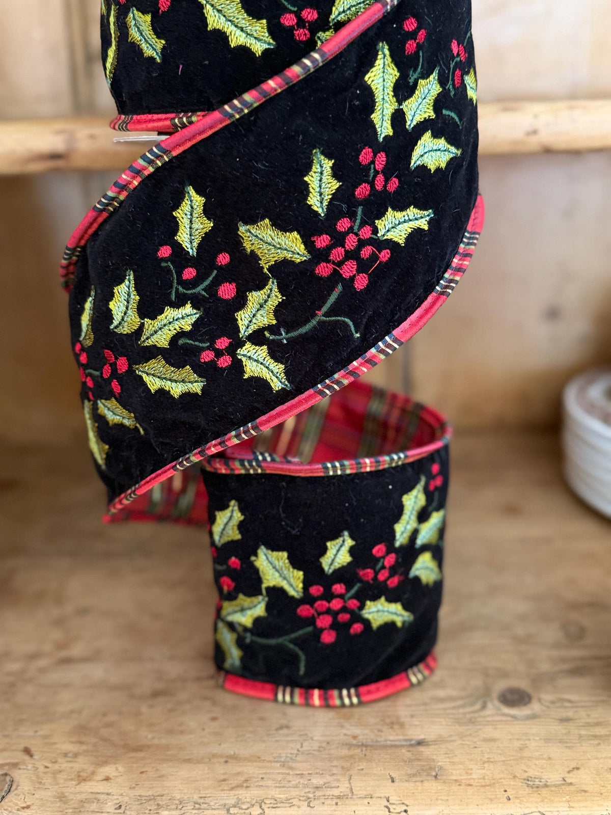 Embroidered Black Velvet Holly Berry 4" Wired Ribbon | Red Dupion Tartan Plaid Trim & Reverse